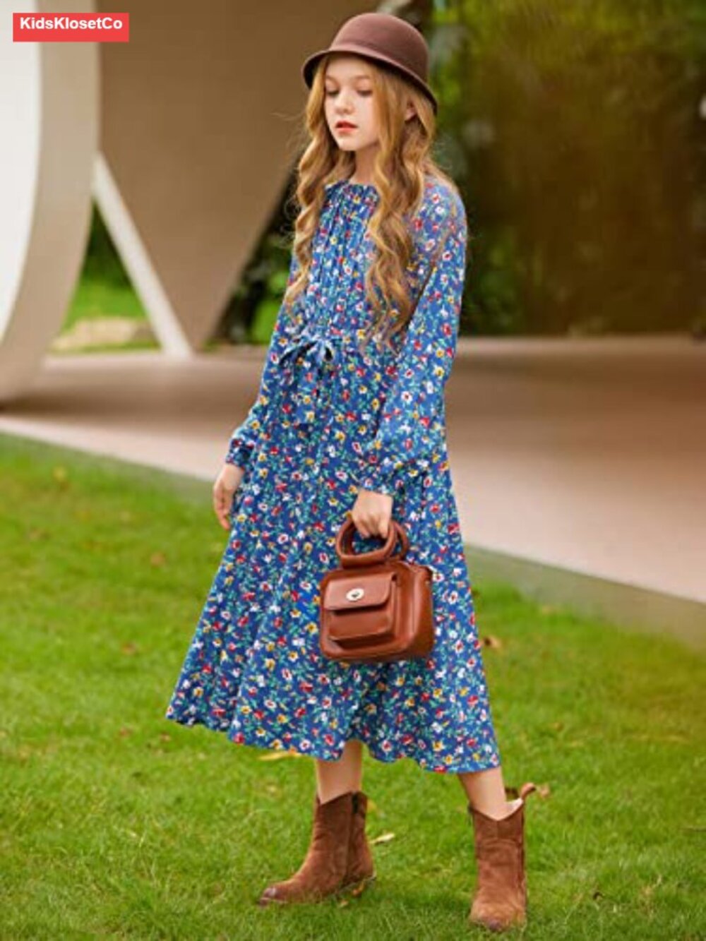 Girls Floral Print A-line Swing Midi Dress with Pocket Long Sleeve - Picture 2 of 4